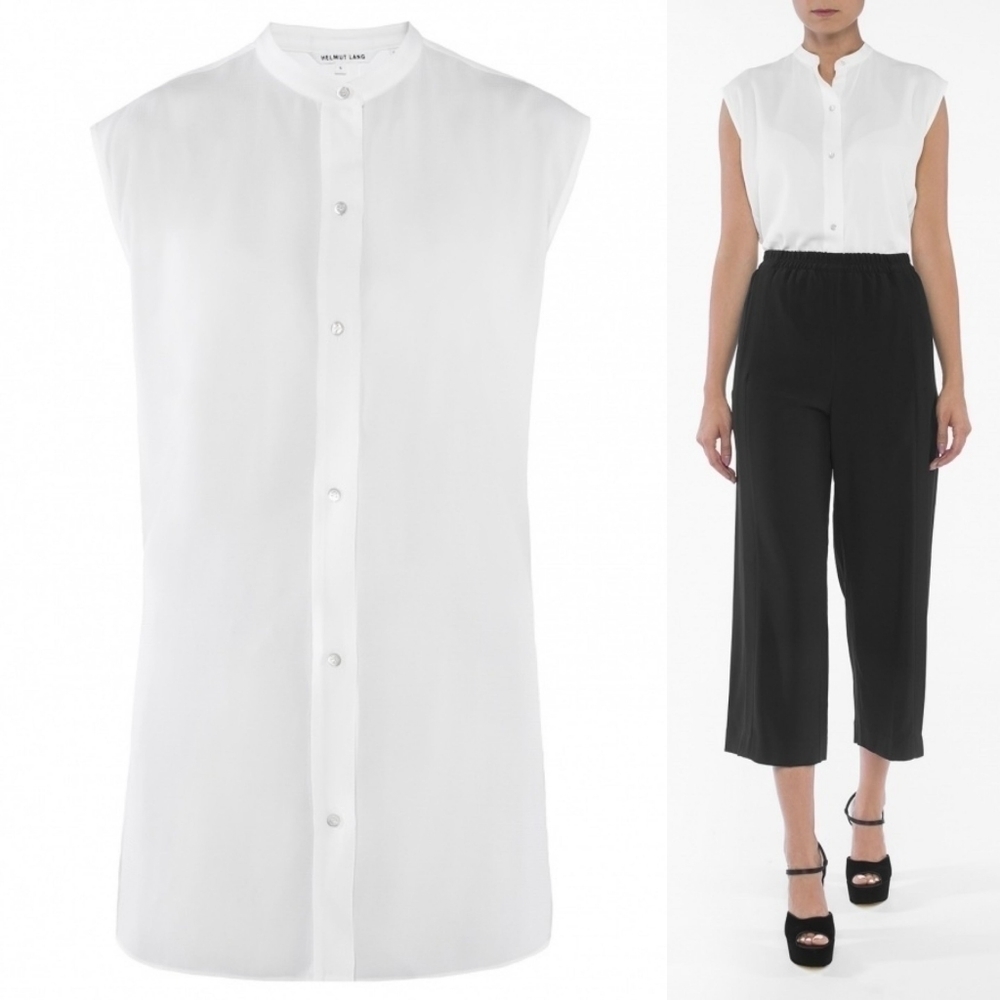 𝅺helmut Lang Womens White Button Front Tank Top with Back Slit and Belt Small